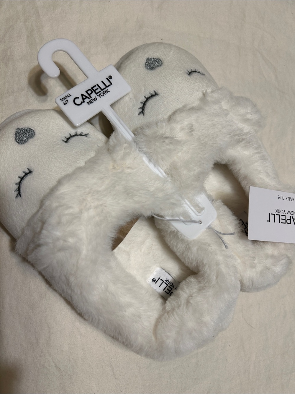 Capelli of New York Kids' White Plush Slippers with Heart Detail